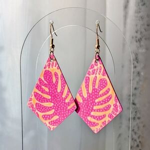 Hand Painted Pink & Orange Tropical Leaf Earrings, Acrylic Paint on Wood
